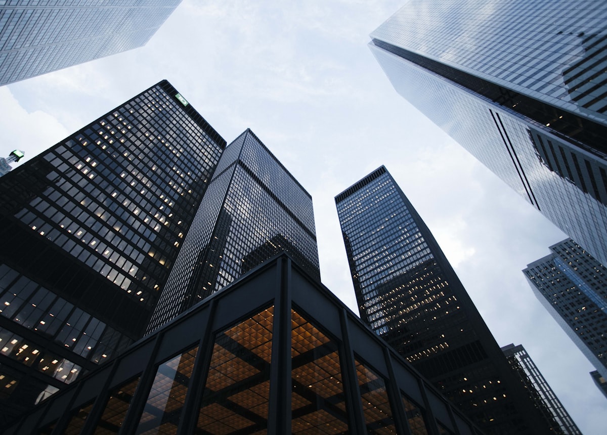 Glass commercial office towers from below